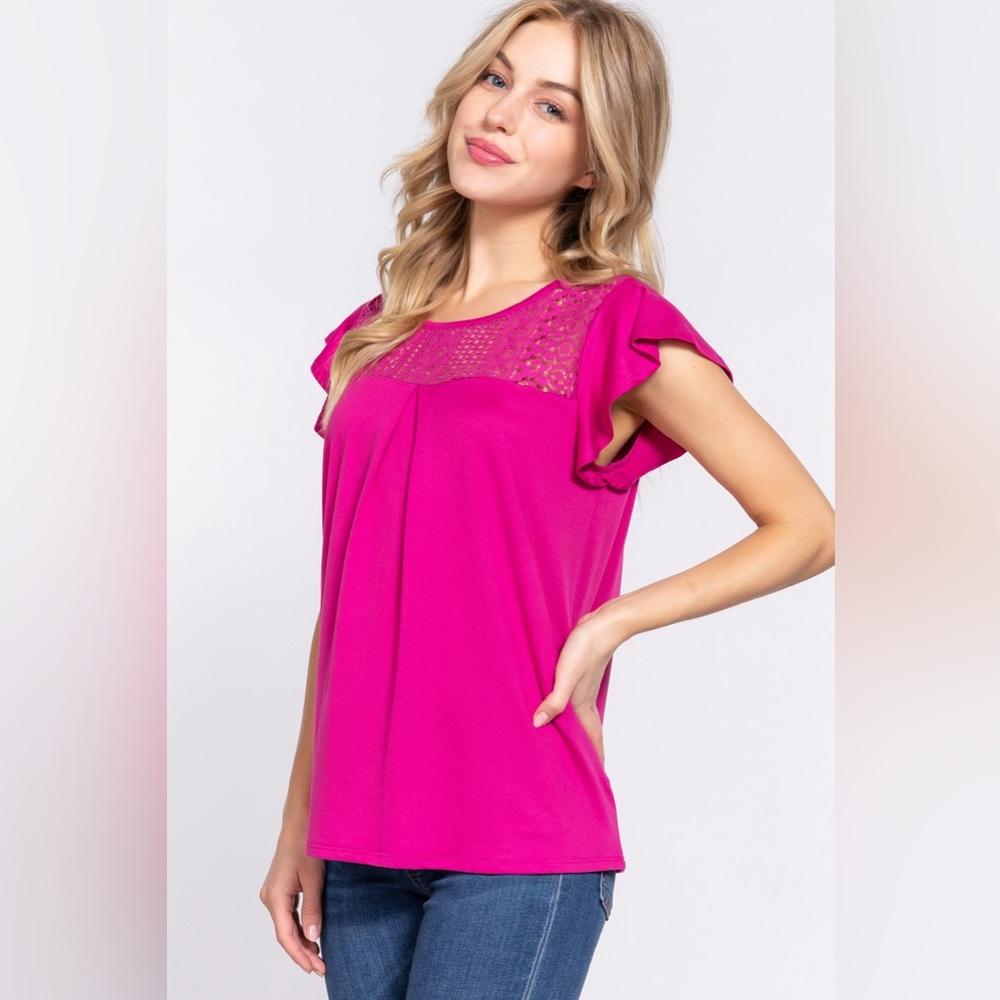 Active Basic Ruffle Short Sleeve Lace Detail Knit… - image 3